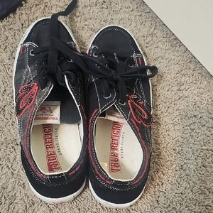 True Religion Black and Red Men's Sneakers, Fabric + Suede